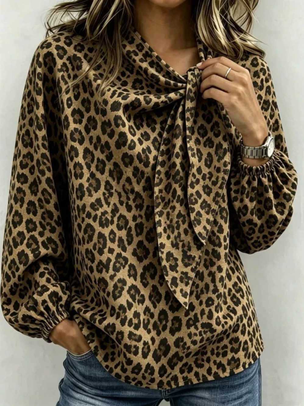 ZARA Vintage Leopard Print Loose Blouse Tie Neck Long Sleeve